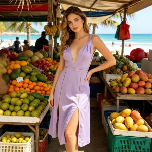 CA2050 Women’s Satin A-line High Waist Sexy V-neck Party Dress Sleeveless Chain Adjustable Split Dress Mid-length Casual Summer