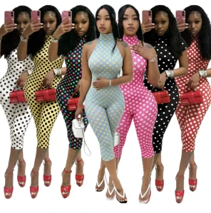 CM60313 Women’s Halter Romper Backless Jumpsuit Polka Dot Printed Sleeveless