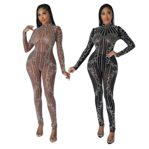 CY900135 Women’s Sexy Long Sleeve Rhinestones Mesh Patchwork See Through Dressy Jumpsuits Romper Club Wear