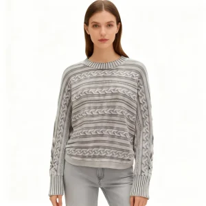Cable Silver Women’s Winter Thick Casual Vintage Washed 100% Cotton Crocheted Sweater Pullover