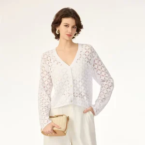 Cardigan for Ladies Long Sleeve White Crochet Flower Neck V Button Cotton Women Knit Sweater