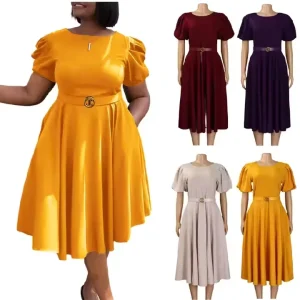 Career Dress Women Casual Elegant O Neck Puff Sleeve A line Ladies Office Dress Church Dresses for Women