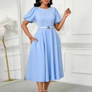 Career Dresses Women Casual Elegant O Neck Puff Sleeve A line Ladies Office Dress Church Dresses for Women