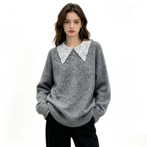 Cashmere Feel Casual Gray Knit Women Sweater with Lace Collar Women’s Oversized Long Sleeve Pullover Warm Fall Winter Knitwear