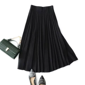 Cashmere Sweater Half Knit Skirts High Waist Pleated Women’s Mid length Skirt Over Knee Skirt for Women