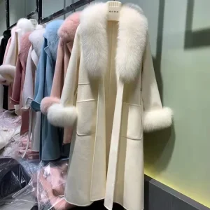 Cashmere Winter Coat Women Warm Fashion Wool and Fox Fur Trim Long Coat