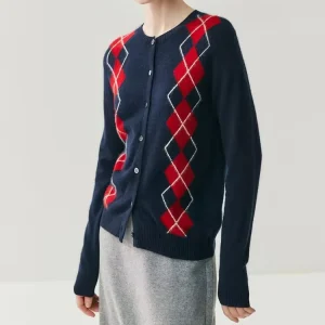 Cashmere Wool Autumn and Winter Women’s Elegant and Versatile Round Neck Cardigan with Diamond Pattern Cashmere Coat