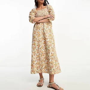 Casual Arrival Women’s Square Neck Three quarter length Sleeves Cotton Flax Shirred Orange Ditsy Midi Dress