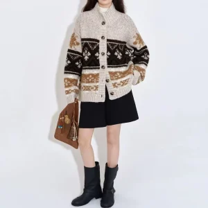 Casual Autumn Winter Jacquard Pattern Knitted Female Cardigan Women Fair Isle Buttoned Knitwear Stand up Collar Women Sweater