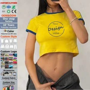 Casual Baby Tee Cropped Graphic T Shirts Plain Summer Cotton Contrast Tight Slim Fit T Shirt Crop Top for Women