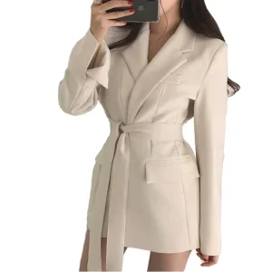Casual Belted Solid Woven V-neck Long Sleeve Breathable 100% Polyester Women’s Work Office Wrap Blazer