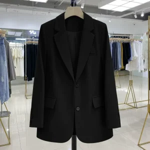 Casual Black Blazer Women’s Loose Korean Style Commuter Suit Jacket with Design Sense