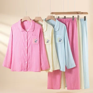 Casual Breathable Women’s Pajamas Striped Embroidery Pattern Pure Cotton Long Sleeves Women’s Sleepwear