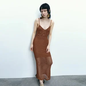Casual Fashion Custom Ladies Women’s Backless Halter Strap Knit Rib Mid Length Summer Dress