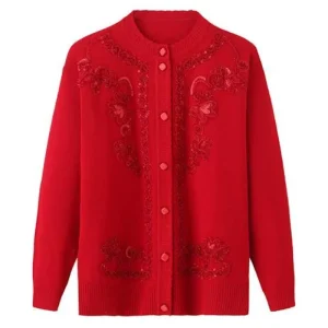 Casual Floral Embroidered Cardigan for Women Autumn Knit Sweater with Sequins Buttons Appliques for Middle Aged Elderly Mothers