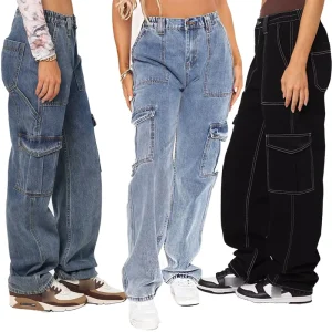Casual High Waist Classic Pocket Trousers Wide Leg Denim Women Jeans Baggy Boyfriend Jeans Cargo Pants