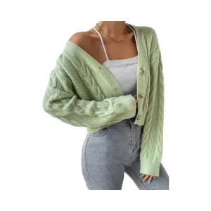 Casual Knit Cardigan Women’s Long Sleeve Button V Neck Soft Knit Cardigan Sweaters Cute Cable Knit Outerwear Winter