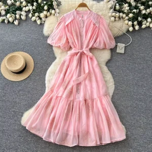 Casual Long Dress French Romantic Embroidered Sequin Puff Sleeve Dress Tie Waist A Line Gown Women’s Dresses Women Lady Elegant