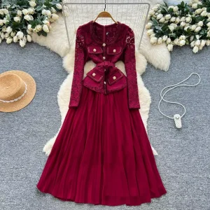 Casual Long Dress Women’s Vintage Lace Lapel Dress Long Sleeve Waist-Defining A-Line Elegant Dress Fashion Women Clothes