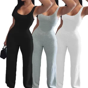 Casual Loose Sports Romper Bodysuit Solid Color Summer Wide Leg Flare One Piece Jumpsuit