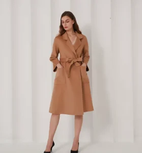 Casual Luxury Custom Long 100% Pure Wool Double Breasted Belted V Neck Trench Coat Women Winter Overcoat Pockets