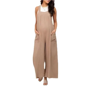 Casual Maternity Clothing Loose Sleeveless Straps Wide Leg Jumpsuits Pockets for Pregnant Women Overalls for Comfortable Outfits