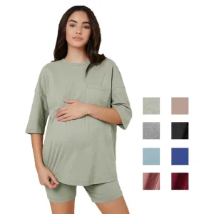 Casual Maternity Clothing Women’s Sleepwear Loungewear Drop Shoulder Tee and Legging Shorts Maternity Pajamas Sets