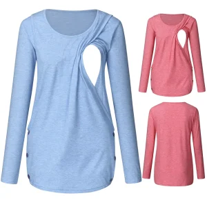 Casual Maternity Solid Shirts Fashion Pregnancy Long Sleeve Tops for Maternity Breastfeeding and Nursing Daily Wear