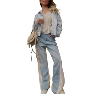 Casual Patchwork Contrasting Color Medium Wash Flared Denim Jeans Women’s Spring All Match Loose Wide Leg
