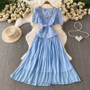 Casual Pleated Dresses Women’s Crystal Round Neck Light Luxury Gown High End Elegant Lace Party Clothing Manufacturers