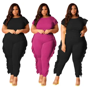 Casual Ruffled Blouse and Pants Plus Size Women’s Two Piece Suit