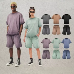 Casual Short Sleeve Tee & Shorts Set For Spring Summer Washed Vintage French Terry Fabric Customizable