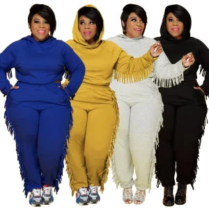 Casual Side Tassel Tassel Extra-Large Size 2-Piece Set Women’s Plus Size Clothing Sexy Hoodie Sportswear