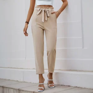 Casual Slim Fit Cropped Pants With Belt Women’s Elastic High Waist Trousers Elegant Office Pants for Women