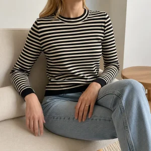 Casual Soft Lyocell Wool Blend Striped Long Sleeve Women’s T-Shirts Slim Fit Double Trim Crew Neck Autumn Winter Tops