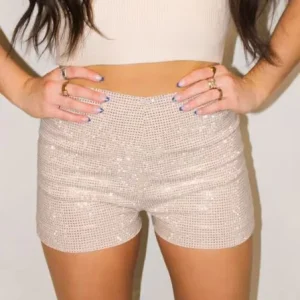 Casual Summer Booty Shorts for Women High Waist Sexy Hot Shorts With Zipper Pockets Rhinestone Shorts