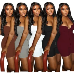 Casual Summer Jumpsuits and Rompers Solid Above Knee Zip up Backless Halter Romper 1 Piece Rompers for Ladies