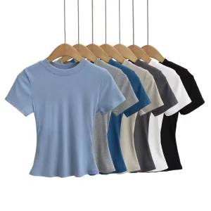 Casual T Shirts Women Slim Fit Short Sleeve Top Summer Solid Basic Cotton