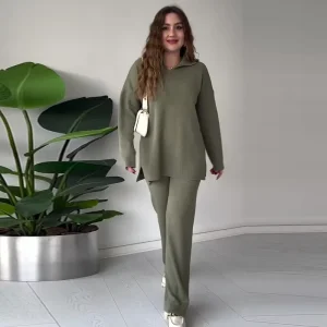 Casual Winter Women’s Breathable Sweater Suit Solid V Neck Knit Sweater Wide Leg Pants Set