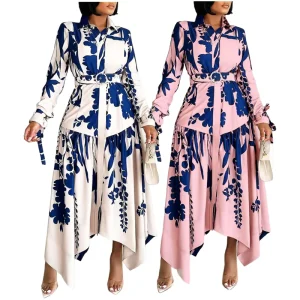 Casual Women Elegant Shirt Collar Irregular Plants and Flowers Floral Printed Long Sleeve Dress With Belt