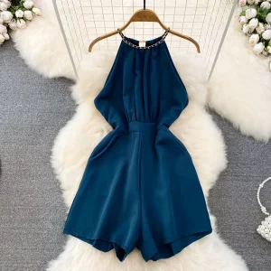 Casual Women Solid Keyhole Back Halter Romper With Button Back One Piece Jumpsuit