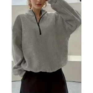 Casual Women’s Autumn Winter Half Zip Fleece Sweatshirt Stand Neck Loose Fit Drop Shoulder Long Sleeve Warm Soft Daily Wear