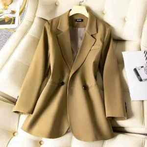 Casual Women’s Double Breasted Wool Silk Blazer Spring New Professional Suit Spring Autumn Fashionable Design Back Slit Top