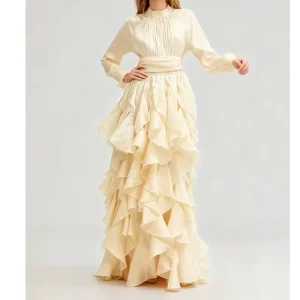 Casual Women’s Dresses Romantic Ruffled Cake Tiered Dress for Women Crew Neck Long Sleeve Cinched Waist Elegant Flowy Gown