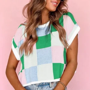 Casual Women’s Embroidered Color Block Neck Sweater Checkerboard Knitting Pattern Short Sleeves Cotton Sweater