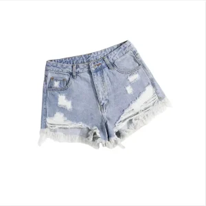 Casual Women’s Mid Waist Straight Denim Shorts with Ripped Style Breathable Jeans for Ladies