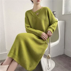 Casual Women’s Oversized A-Line Knit Sweater Dress V Neck Cutout Ribbed Knit Long Sleeve Maxi Dress Soft Knit for Fall Winter
