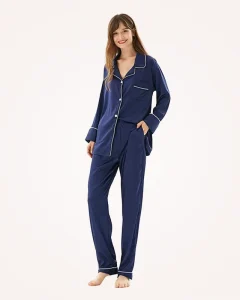 Casual Women’s Pajamas Autumn Long Sleeved Satin Full Length Winter Loose Fitting Elastic Waist Front Breathable