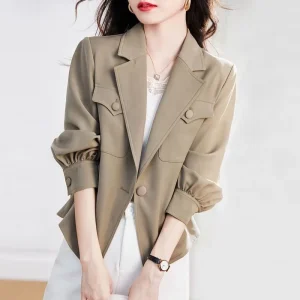 Casual Women’s Short Trench Coat Suit Jacket Blazer Single Breasted Anti Wrinkle 100% Polyester Notched Collar Custom Logos