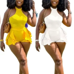 Casual Women’s Solid Pattern Rompers with Ruffle Details EcoFriendly Fabric for Club and Streetwear